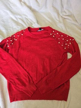 Zac & Rachel Red Pearl-Embellished Crewneck Sweater